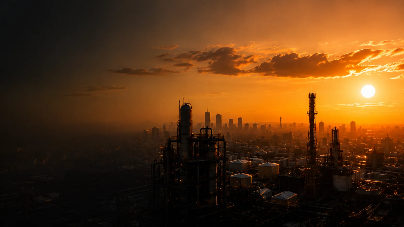Complejo industrial iluminado por un atardecer naranja, con la ciudad al fondo